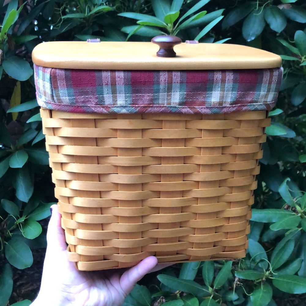 Vtg 00 LONGABERGER Medium Mail Basket With Wood Lid Fabric Plastic Liners NEW